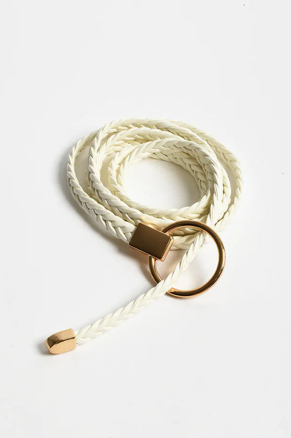 Ring Front Plaited Tie Belt White