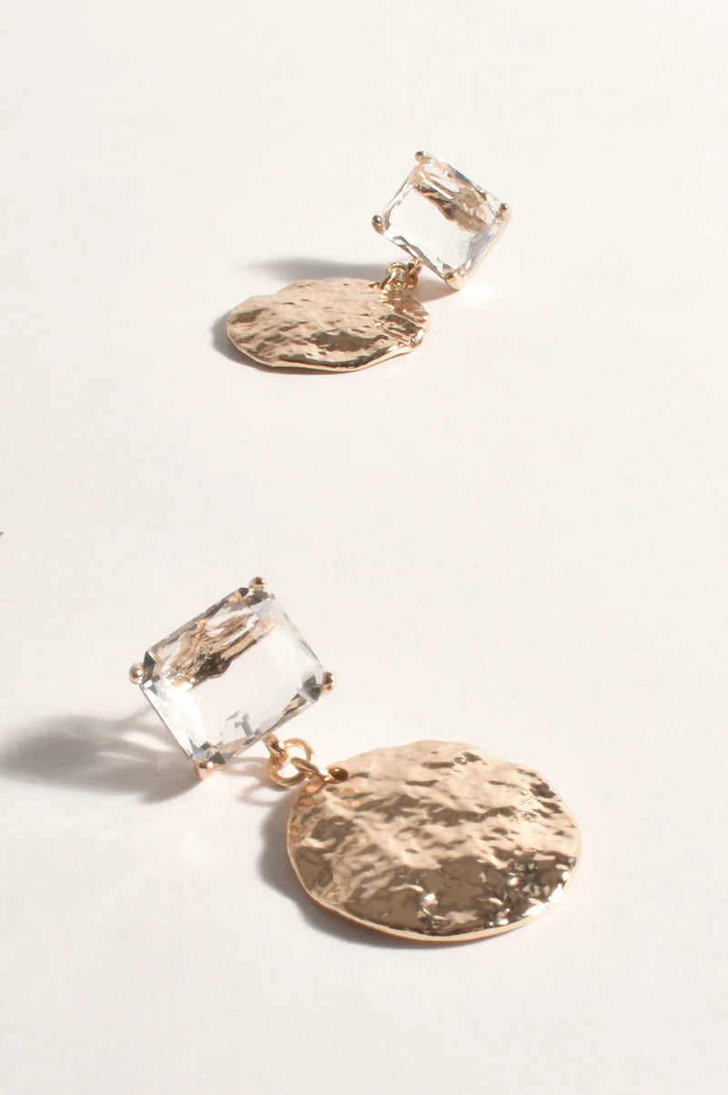 Hammered Disc Gem Drop Earrings Gold