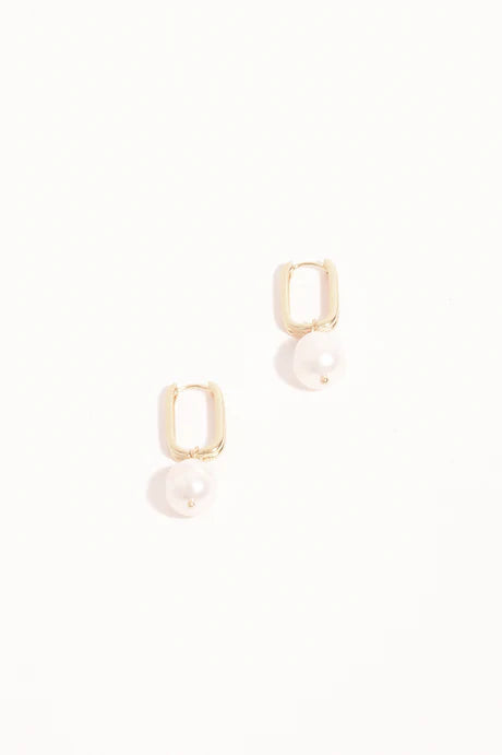 Rectangle Link Pearl Drop Earring Gold